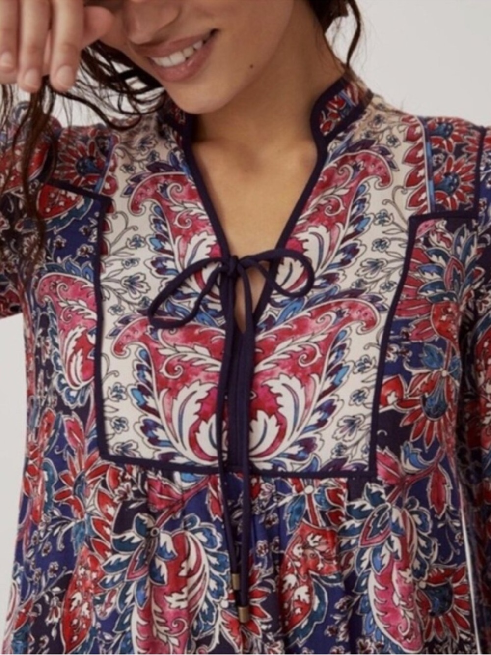 Anthropologie Spliced Tunic Dress Boho Floral Tie-Neck Mini Dress in Red / Blue - Picture 3 of 9